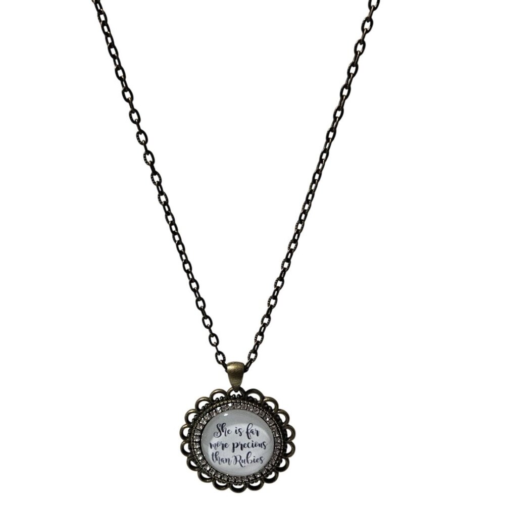 Vintage Bronze Pendant Necklace Rhinestones She Is Far More Precious Than Rubies
